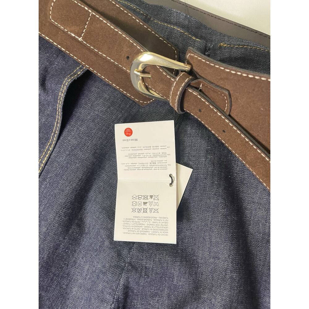 Zara Denim Midi Skirt Semi Wrap Belted Blue Contrast Stitch NWT Size M - Picture 5 of 10